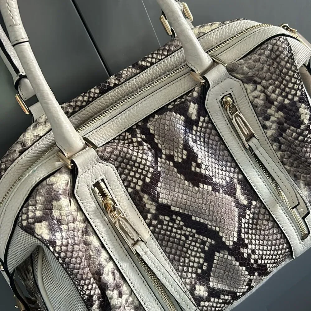 Cream ivory snakeskin style mk Michael Kors tote gold trim purse women bag MK